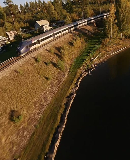 FPV drone chasing a passenger train along a lake shore in evening light